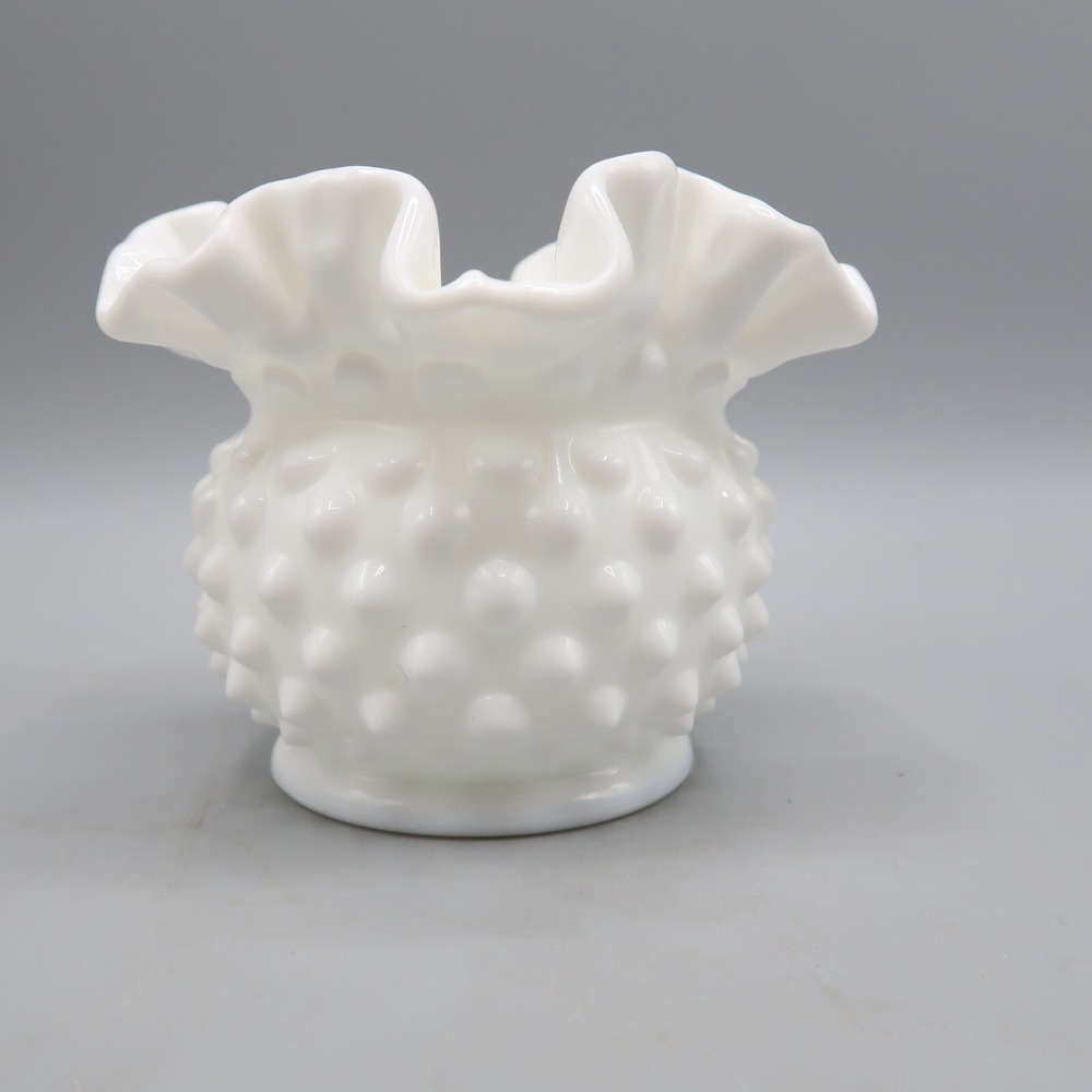 Fenton White Hobnail Ruffled Edge Milk Glass Rose Bowl Vase 3"